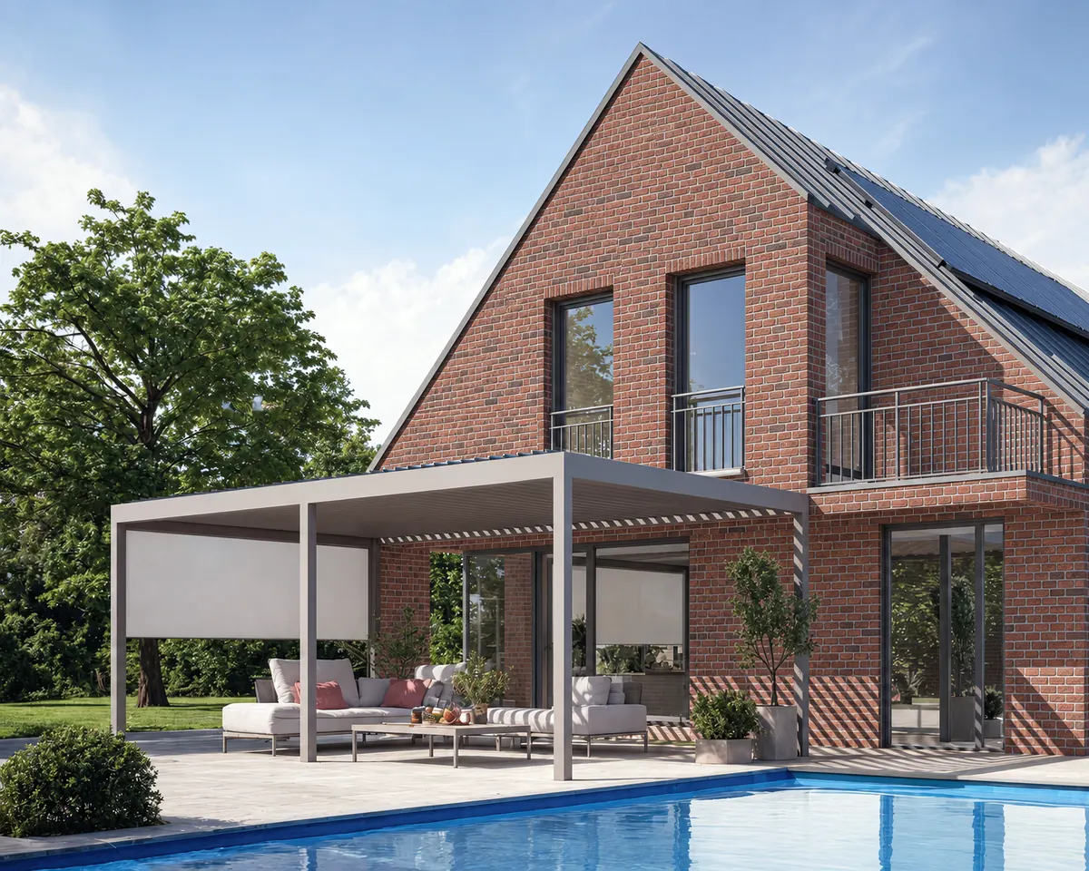 Sylt in warmem Hellgrau: Lamellendach über einer Lounge am Haus mit Pool